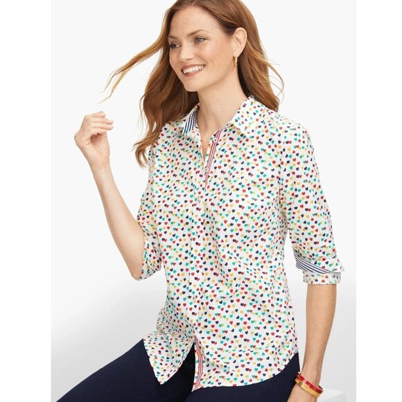 Talbots Classic Cotton Button Up Shirt Multicolor Ditsy Hearts Print size MP - Picture 7 of 8